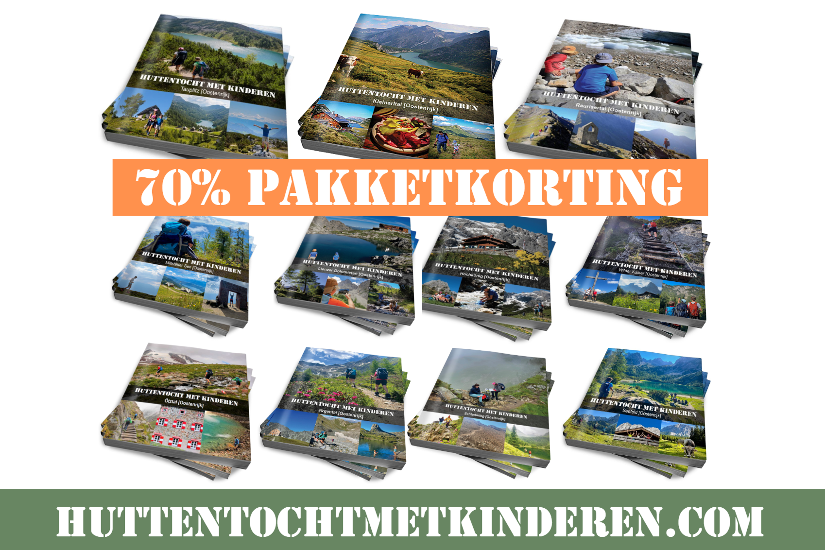 Gefeliciteerd! Jouw 11 'huttentocht met kinderen'-ebooks Oostenrijk | actiepakket 70% korting